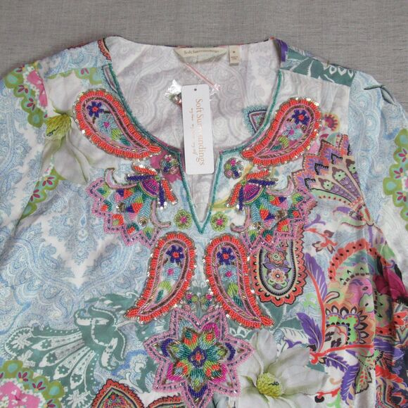 Soft Surroundings Top Womens M Aquatic Blue Florent Tunic Beaded Beachy Boho NWT - Picture 3 of 11